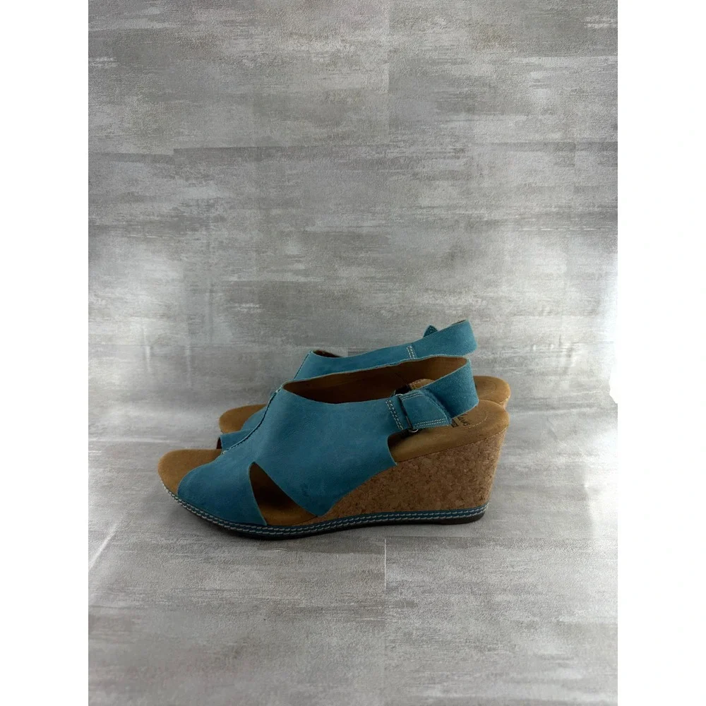 Clarks Teal Blue Nubuck Leather Cork Wedge Sandals Peep Toe Women Sz 11 M